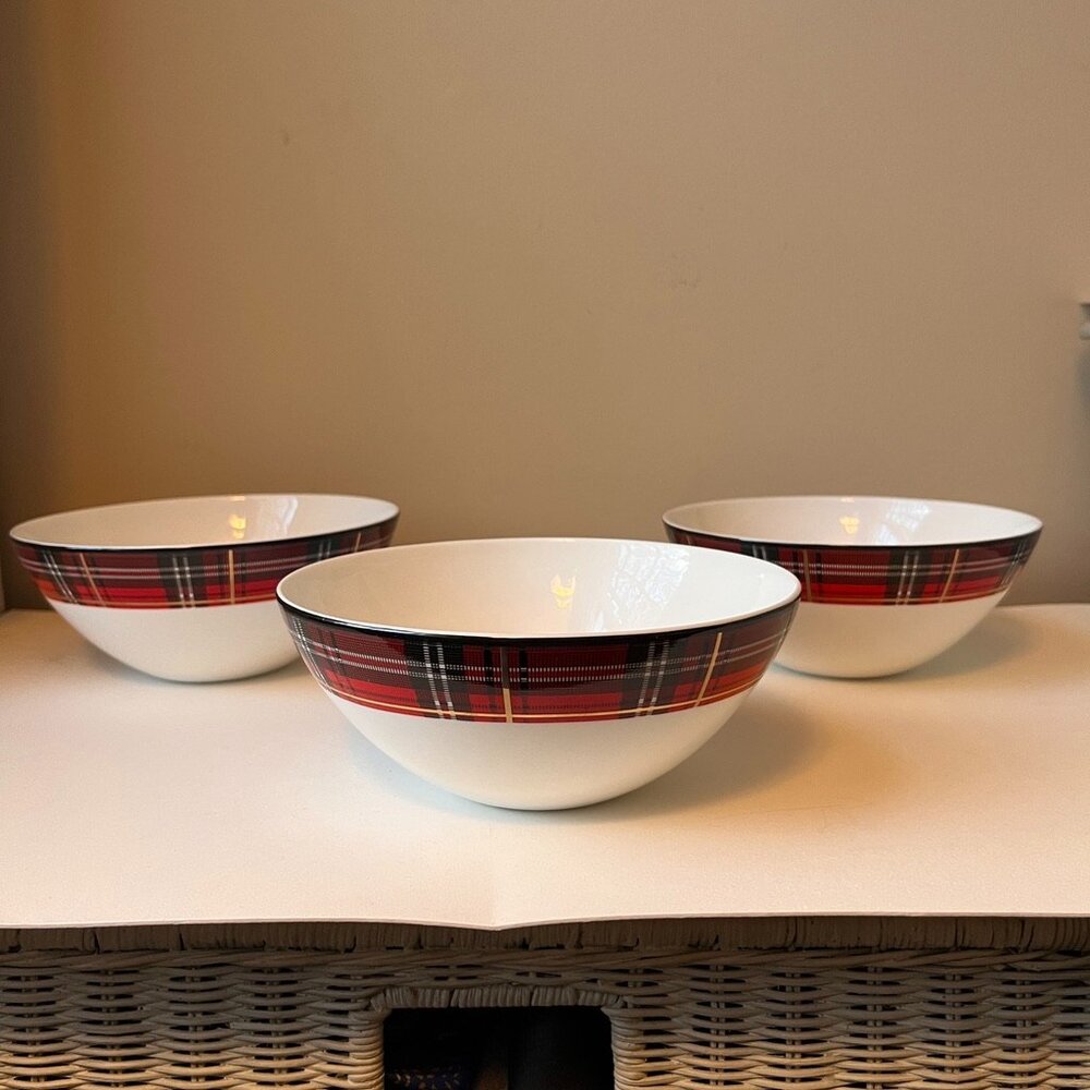 3 Ciroa "Celebrate" Fine Bone China Red Gold Tartan Plaid Soup Salad Bowls
